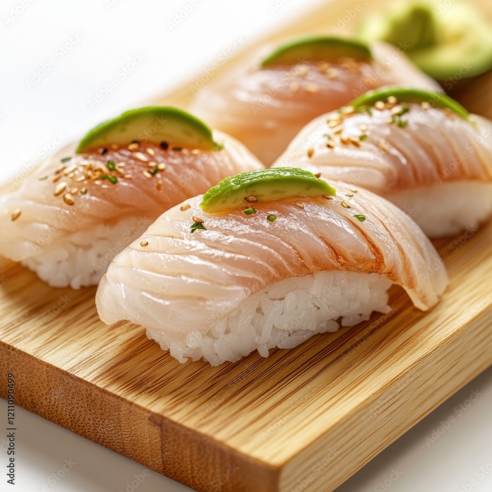 Delicious Sushi with Avocado on Wooden Board Delicious Sushi with Avocado on Wooden Board