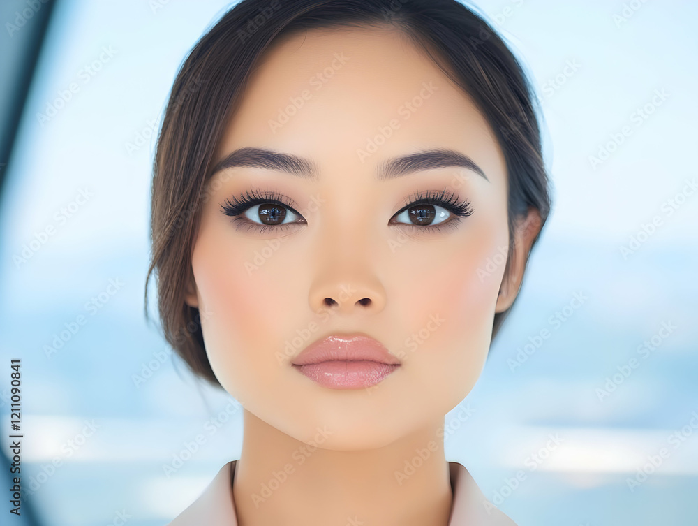 Portrait of a Woman with Soft Makeup and a Blue Background. Portrait of a Woman with Soft Makeup and a Blue Background.