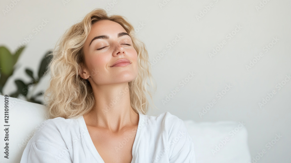 Caucasian woman in pajama sitting on comfortable sofa with eyes closed and relaxing Caucasian woman in pajama sitting on comfortable sofa with eyes closed and relaxing