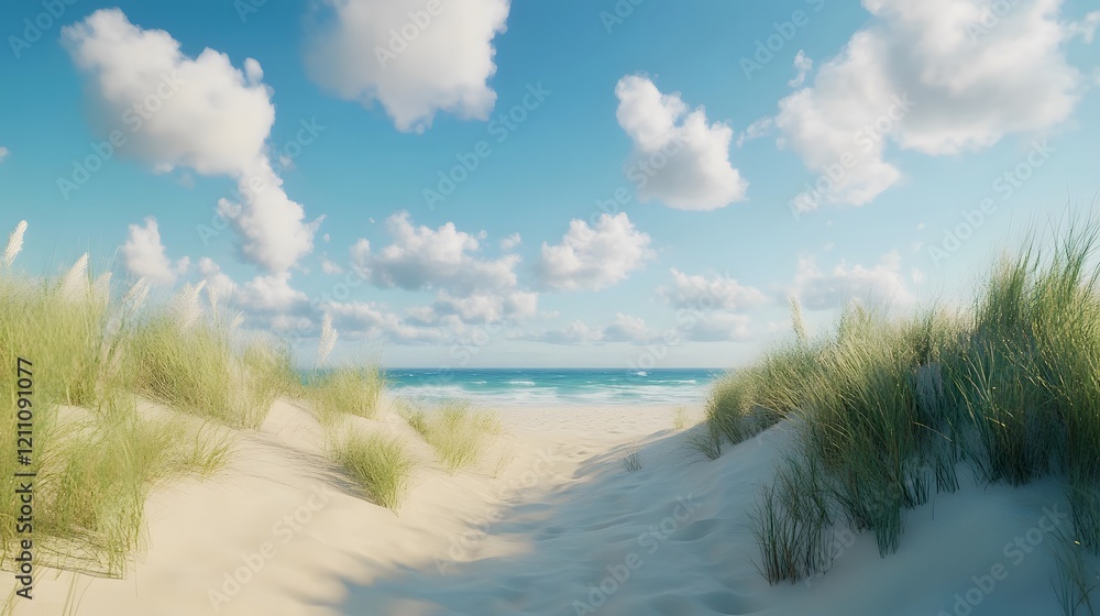 Tranquil Beach with Golden Sand Dunes and Ocean Waves Tranquil Beach with Golden Sand Dunes and Ocean Waves