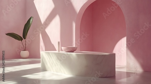 Minimalist Pink Room Interior Design with White Marble Table photo