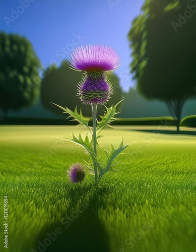 Bright purple thistle flower blooms on green grass under clear blue sky during sunny afternoon. Generative AI