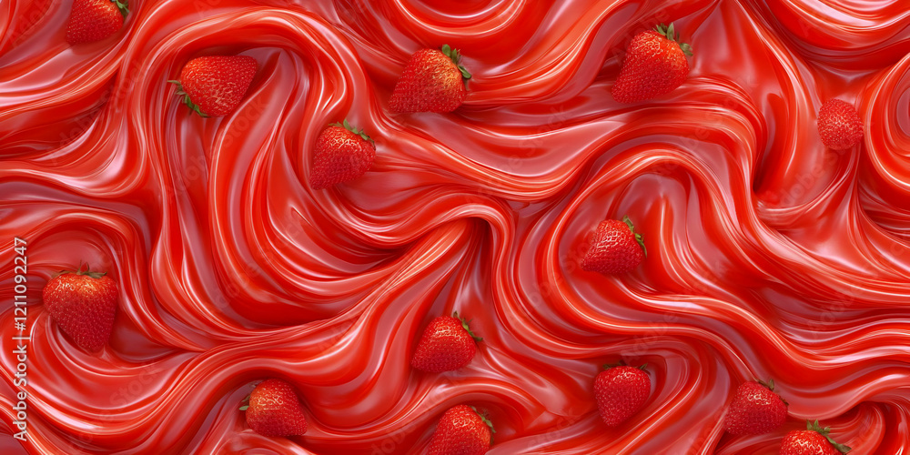 Obraz premium 3D Rendered Strawberries Floating in a Swirling, Glossy Red Liquid Background.