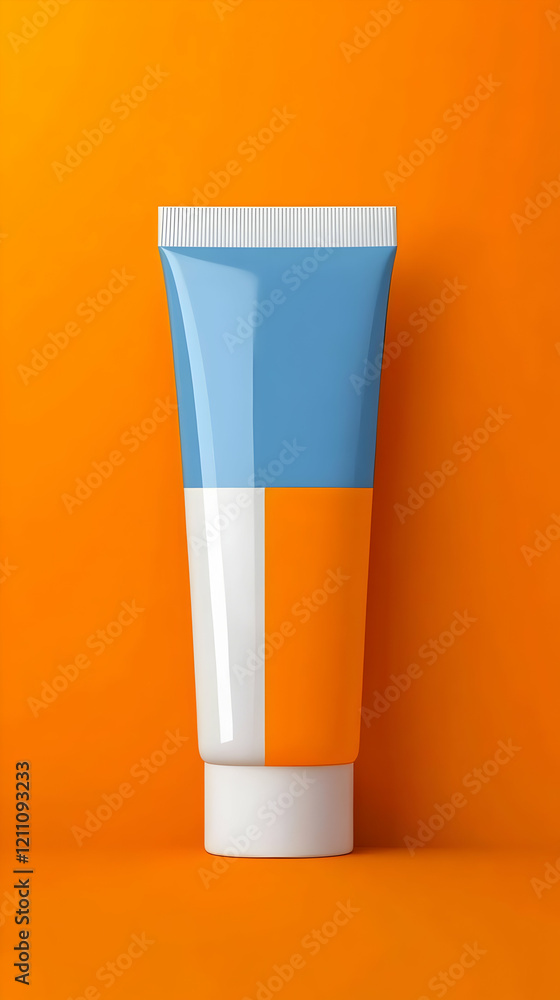 Cosmetic Tube Stands on an Orange Background, Showcasing a Clean and Modern Design Cosmetic Tube Stands on an Orange Background, Showcasing a Clean and Modern Design