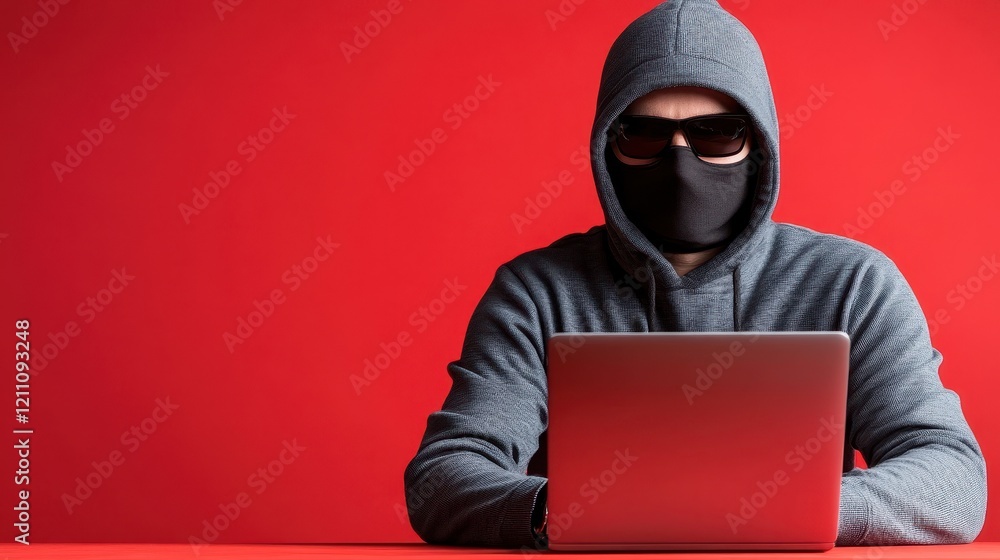 Hacker working on laptop in dark hoodie Hacker working on laptop in dark hoodie
