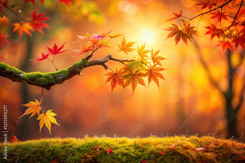 Autumnal Branch with Vibrant Maple Leaves and Soft Mossy Ground at Sunset Autumnal Branch with Vibrant Maple Leaves and Soft Mossy Ground at Sunset
