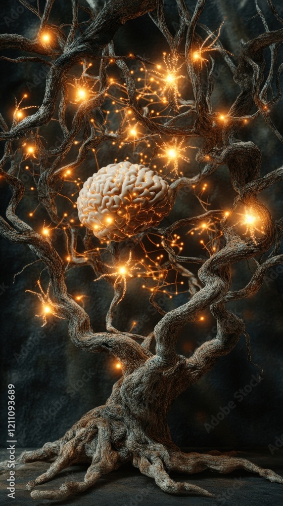 Obraz premium Mystical Brain Tree with Glowing Lights and Twisting Branches in a Dark Forest Enchantment - Conceptual Art of Knowledge and Imagination Illuminated