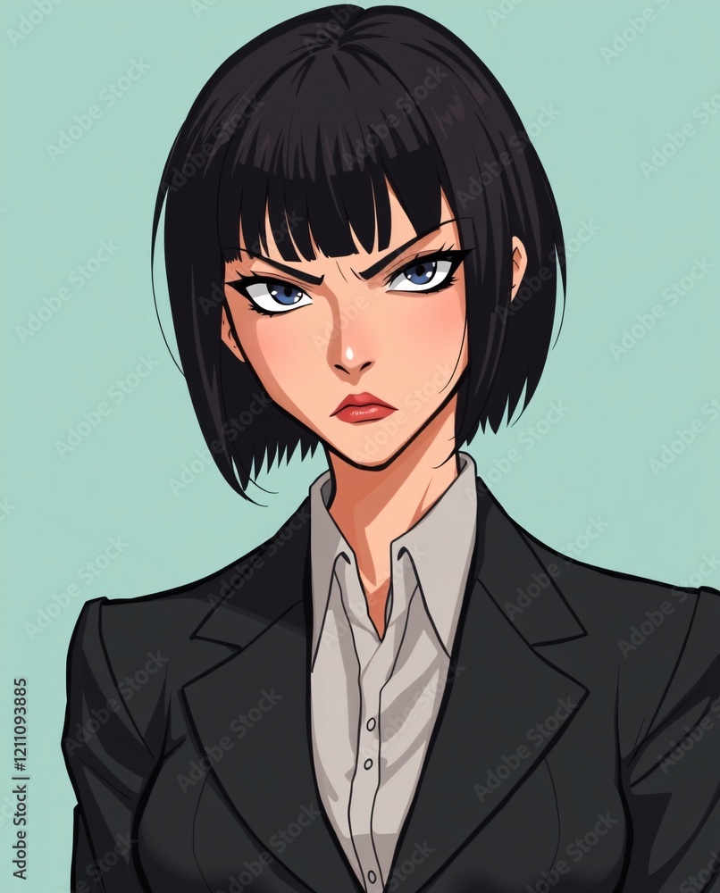 Serious business woman with short hair in professional attire poses against light green background Serious business woman with short hair in professional attire poses against light green background