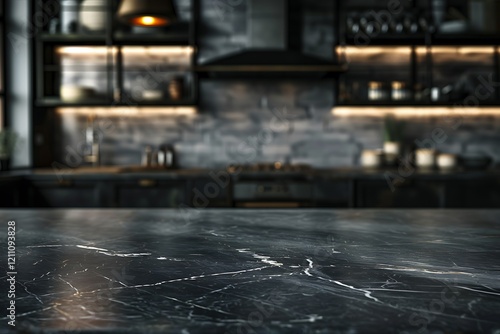 Empty black marble table top on blurred kitchen background for product display