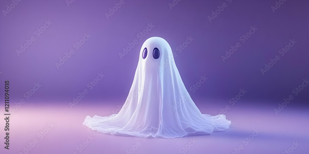A Cute Ghost Figure Standing on a Purple Background, 3D Render Illustration for Halloween A Cute Ghost Figure Standing on a Purple Background, 3D Render Illustration for Halloween