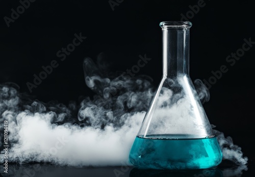 Experiment demonstrating chemical reaction with blue liquid and vapor rising from glass flask	