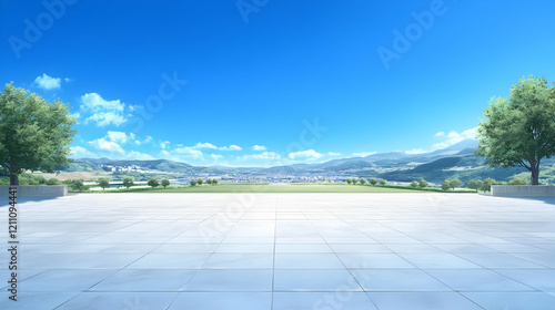 Empty Plaza Floor with Moun...