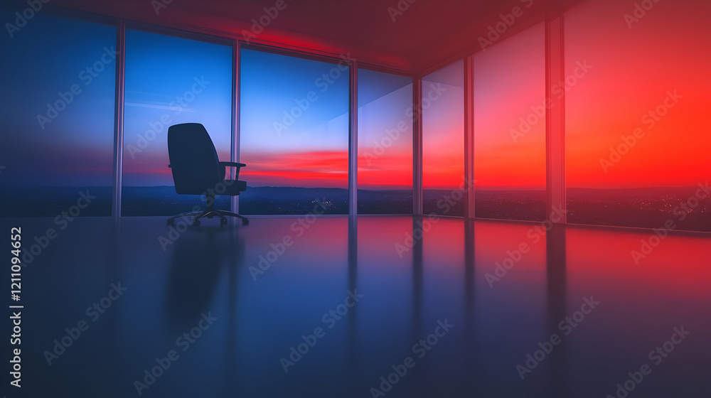 Fototapeta premium Empty Office Chair Sits Facing a Vibrant Sunset View Through Large Windows at Dusk or Dawn