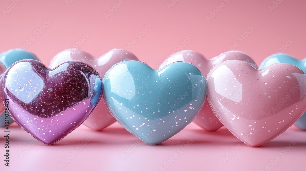 Obraz premium Pink background, glossy hearts, row, sparkle, Valentine's