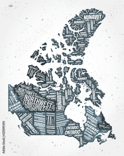 Canada provinces word clouds. Country shape on textured background. Canada design in typographic style. Beautiful vector illustration.