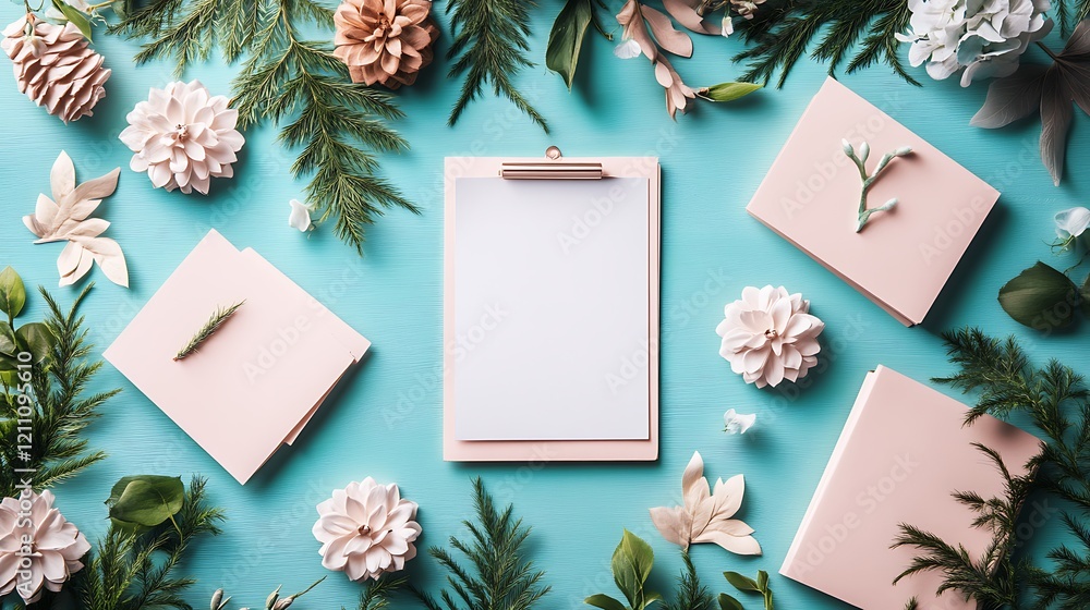 Blank notepad surrounded by pastel flowers and greenery Blank notepad surrounded by pastel flowers and greenery