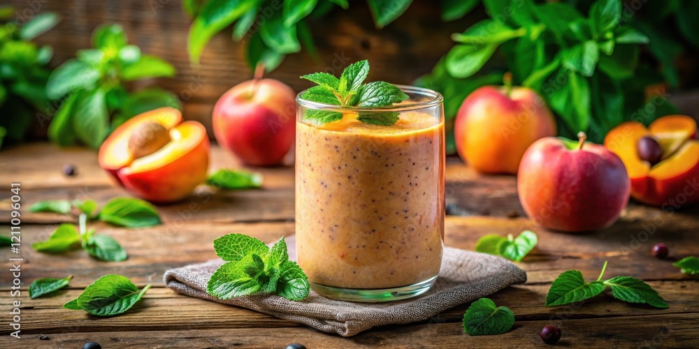 Refreshing Peach and Mint Smoothie in a Glass on Rustic Wooden Table Refreshing Peach and Mint Smoothie in a Glass on Rustic Wooden Table