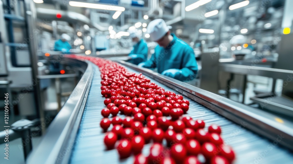 Obraz premium Red Candies on a Conveyor Belt in a Modern Factory
