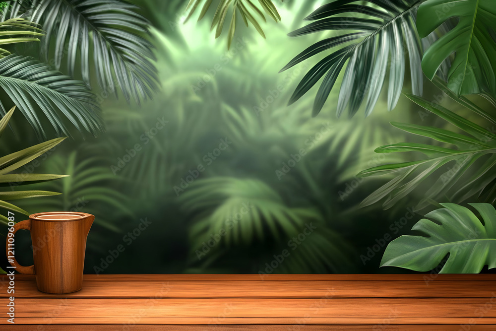 Wooden Mug Sits on Table with Lush Tropical Jungle Background Serenely Displayed Wooden Mug Sits on Table with Lush Tropical Jungle Background Serenely Displayed