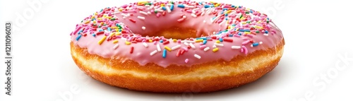 Pink frosted donut with colorful sprinkles.