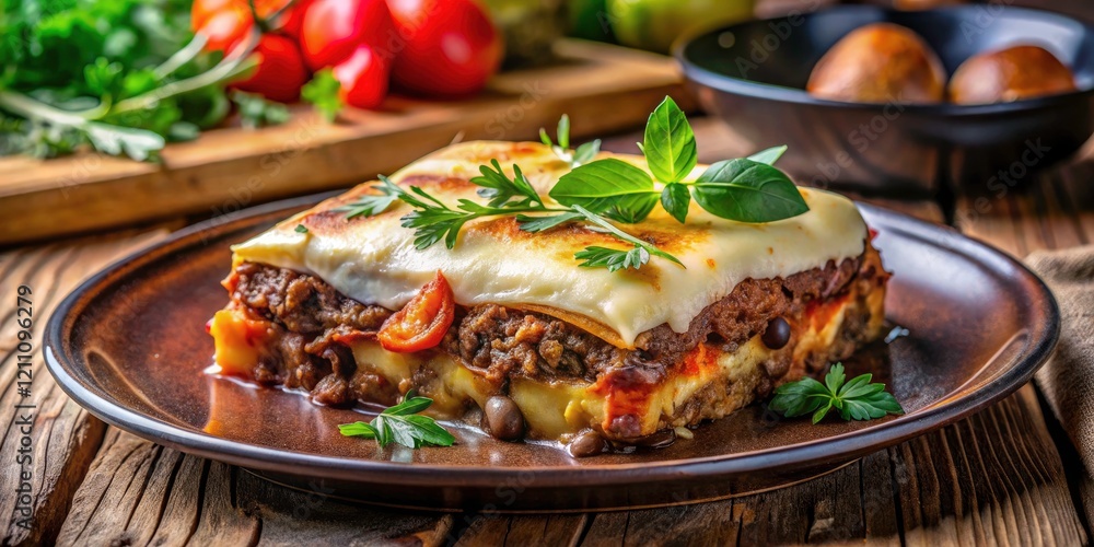 Low Light Greek Moussaka Photography:  Delicious Eggplant, Beef & Potato Casserole