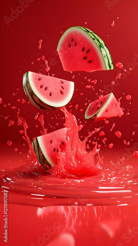 Watermelon slices splashing...
