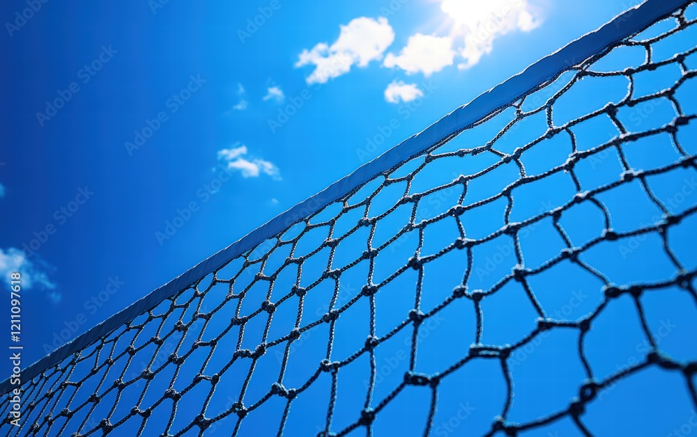 Sunlit Volleyball Net against a Vivid Blue Sky. A summer's day of games and fun. Sunlit Volleyball Net against a Vivid Blue Sky. A summer's day of games and fun.