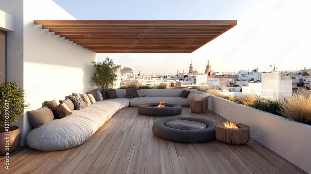 Fototapeta premium Modern Rooftop Terrace Design Showcases City Views with Comfortable Seating, Fire Pits, and Wooden Pergola