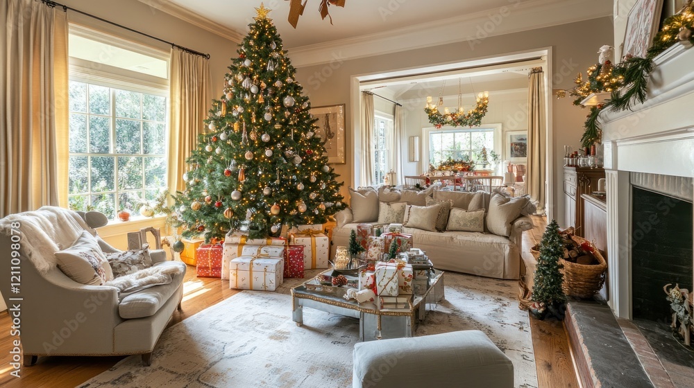 Christmas Morning in a Luxurious Home: A Festive Living Room Scene Christmas Morning in a Luxurious Home: A Festive Living Room Scene