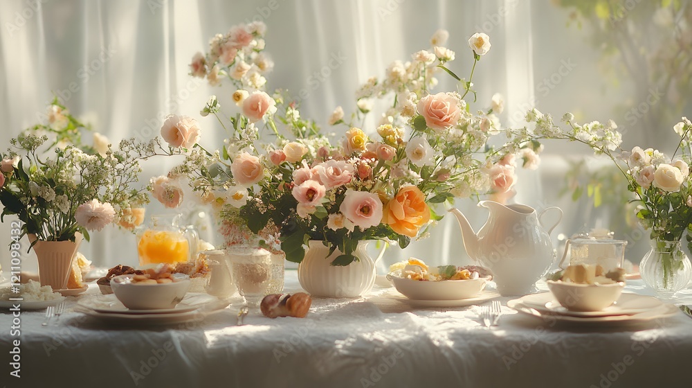 Fototapeta premium A table set for brunch, decorated with fresh flowers and a soft tablecloth