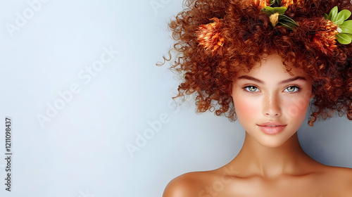 Woman with curly red hair a...