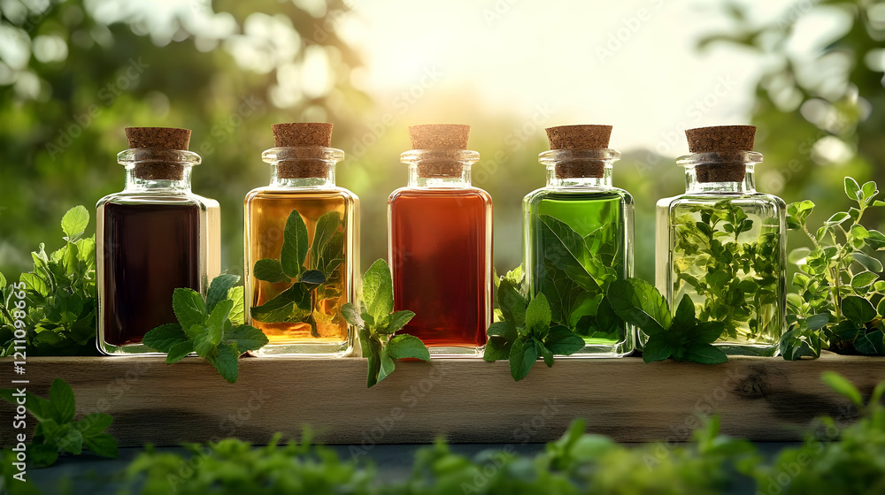 Herbal Tinctures Displayed on Wooden Tray with Fresh Herbs and Sunlight Outdoors Herbal Tinctures Displayed on Wooden Tray with Fresh Herbs and Sunlight Outdoors
