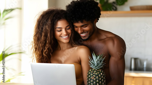 Happy Couple Looks at Lapto...