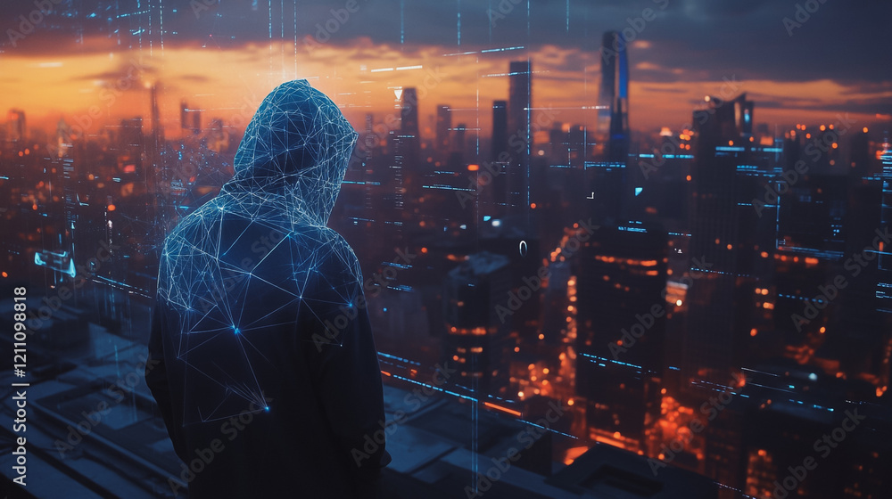 Fototapeta premium Hacker are planning to hack and attack networks and cyber security systems.Smart digital city with connection Innovation network reciprocity over the cityscape