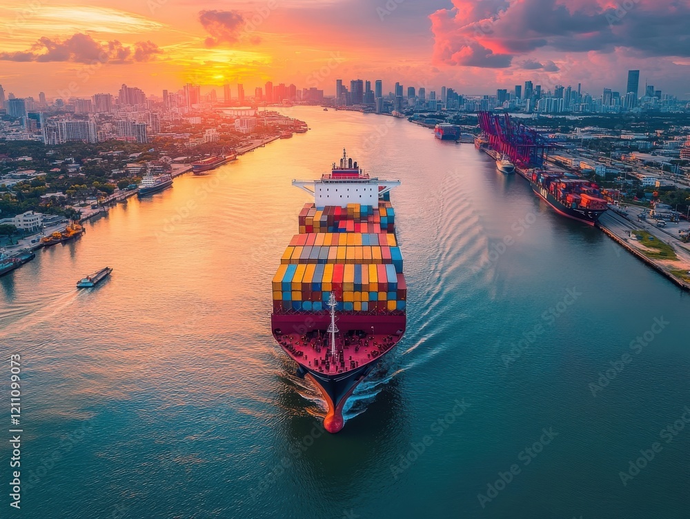 Aerial View of a Container Ship Navigating Through a Sunset River with Vibrant Sky and City Skyline in the Background, Symbolizing Global Trade and Shipping Industry Aerial View of a Container Ship Navigating Through a Sunset River with Vibrant Sky and City Skyline in the Background, Symbolizing Global Trade and Shipping Industry
