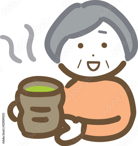 笑顔でお茶を持っているシニア女性(上半身)