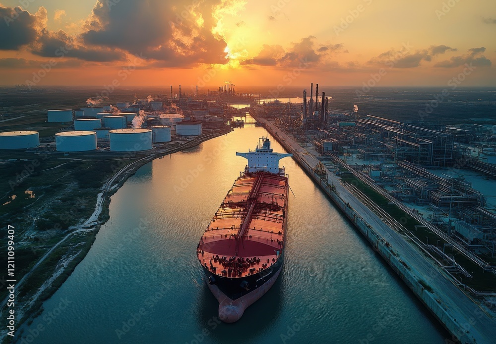 Aerial View of a Large Cargo Ship Navigating Through Industrial Waterway at Sunset, Surrounded by Storage Tanks and Smokestacks Aerial View of a Large Cargo Ship Navigating Through Industrial Waterway at Sunset, Surrounded by Storage Tanks and Smokestacks