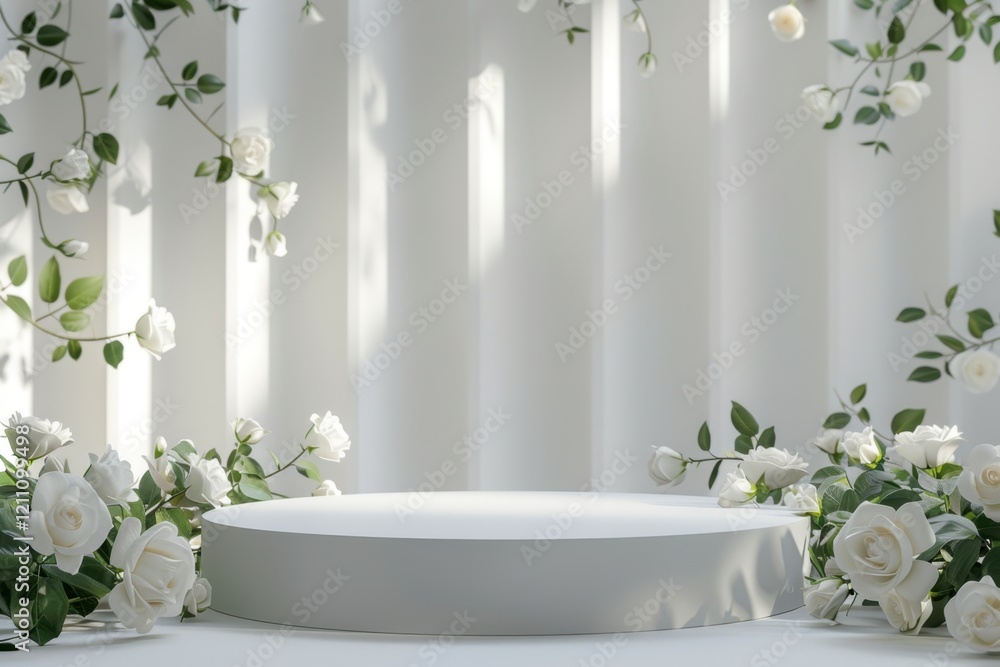 Fototapeta premium Elegant White Floral Display on Simple Round Platform with Greenery