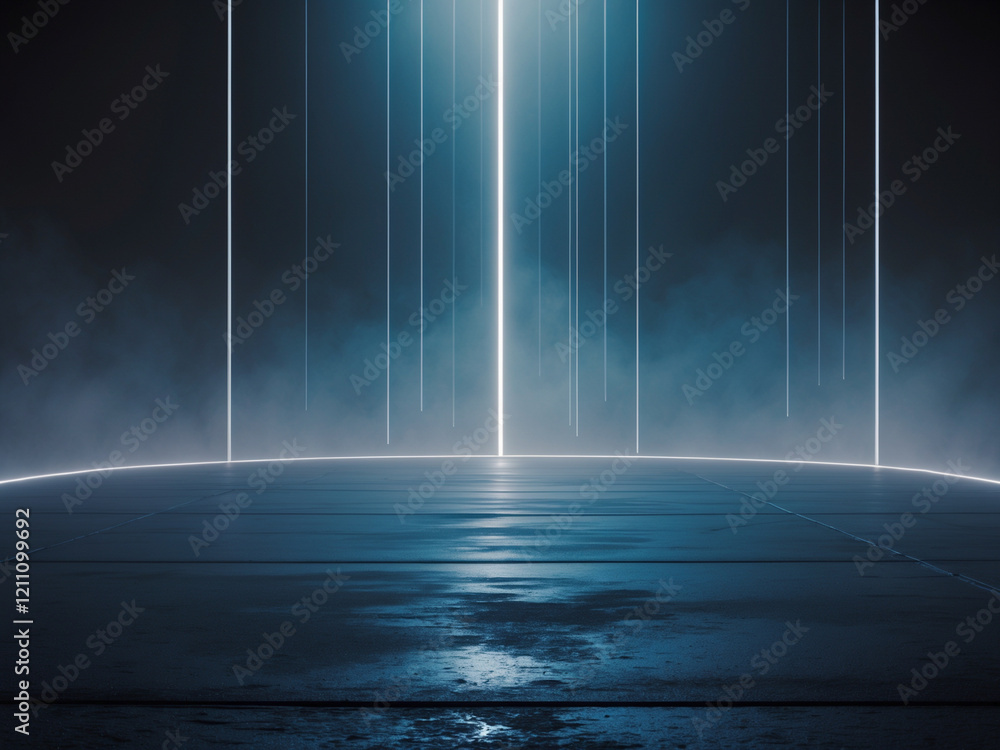 Obraz premium Futuristic scene with glowing vertical light beams piercing through a dark, foggy atmosphere, creating a mysterious ambiance.