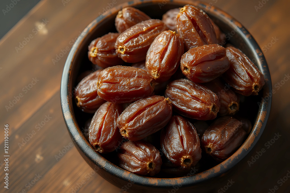 Dried dates fruit in ceramic bowl on wooden table. Top view. Dried dates fruit in ceramic bowl on wooden table. Top view.