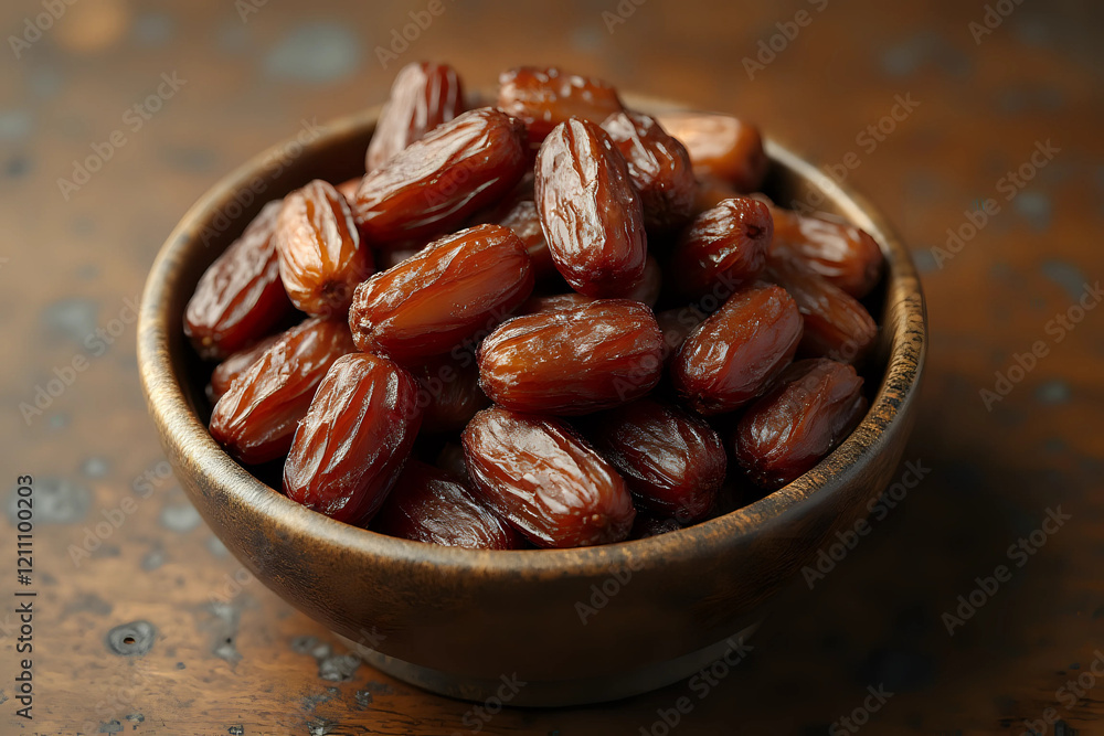 Dried dates fruit in ceramic bowl on wooden table. Top view. Dried dates fruit in ceramic bowl on wooden table. Top view.