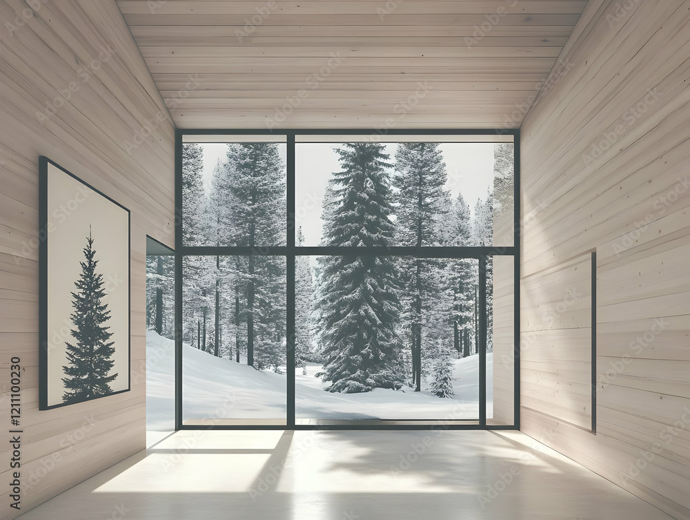 Fototapeta premium Modern Wooden Cabin Interior Showcases Snowy Forest View Through Large Windows in Winter.