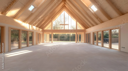 Spacious Interior of a Modern Wooden House with Large Windows and Natural Light