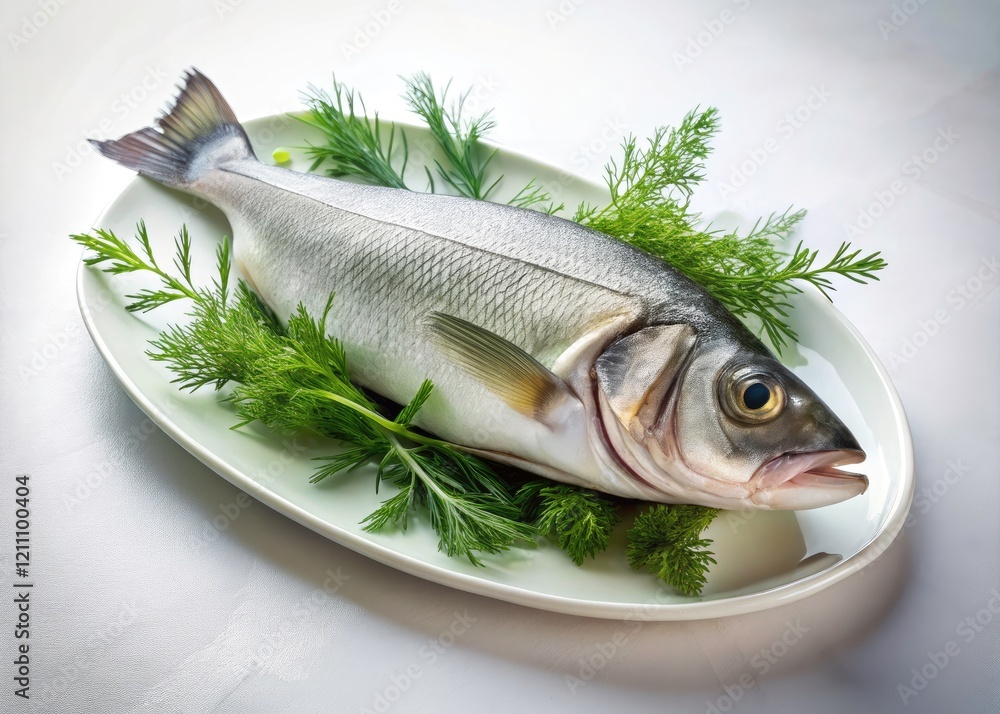 Minimalist Sea Bass Platter: Dill, Seafood, Food Photography, Clean Aesthetic Minimalist Sea Bass Platter: Dill, Seafood, Food Photography, Clean Aesthetic