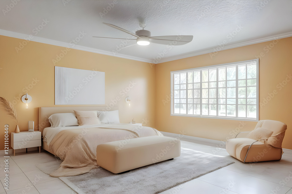 Fototapeta premium Cozy Bedroom Interior Design in Peach Tones with Modern Furnishings and Ample Natural Light