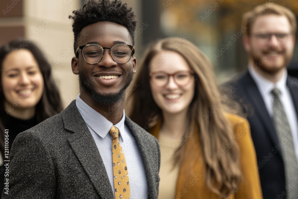 A young Black professional smiling in a group photo, Generative AI A young Black professional smiling in a group photo, Generative AI