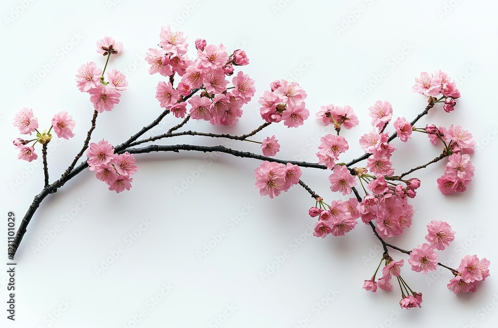 Obraz premium Single cherry blossom branch with pink flowers, isolated on a white background, in a flat lay composition.