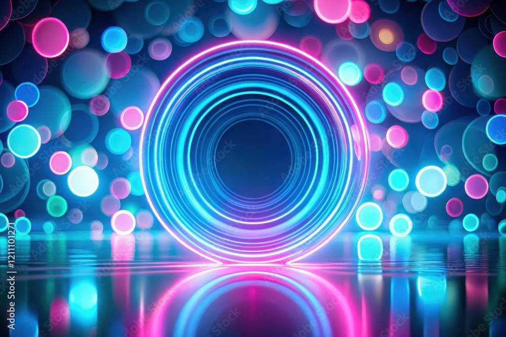 Abstract Glowing Neon Circle with Bokeh Lights Reflecting on a Polished Surface Abstract Glowing Neon Circle with Bokeh Lights Reflecting on a Polished Surface