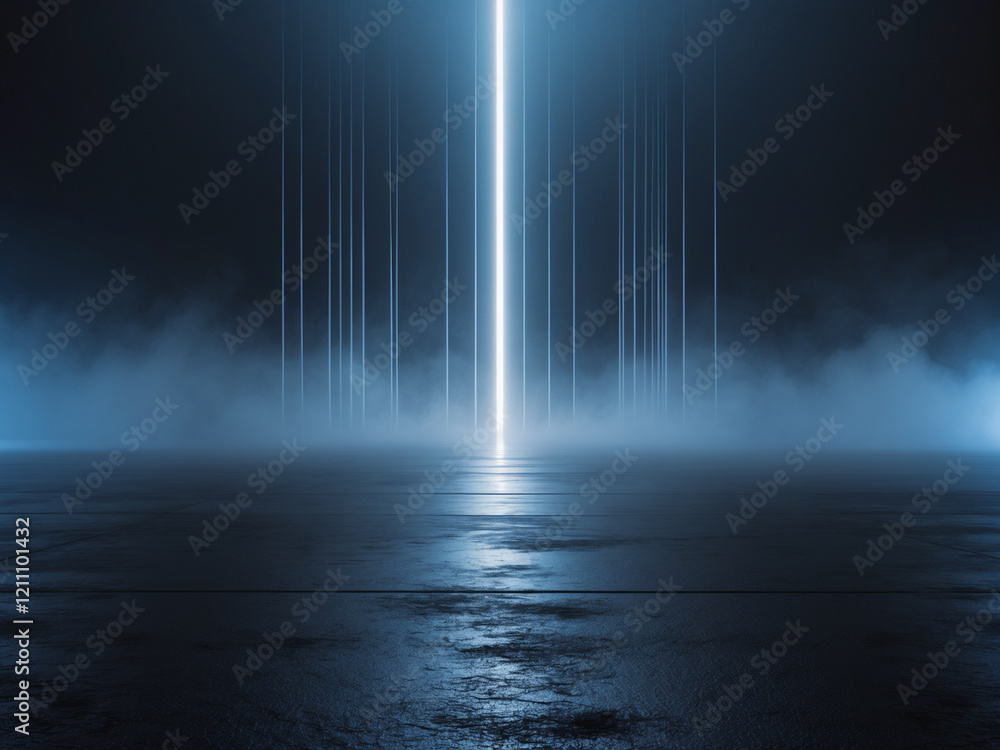 Futuristic scene with glowing vertical light beams piercing through a dark, foggy atmosphere, creating a mysterious ambiance. Futuristic scene with glowing vertical light beams piercing through a dark, foggy atmosphere, creating a mysterious ambiance.