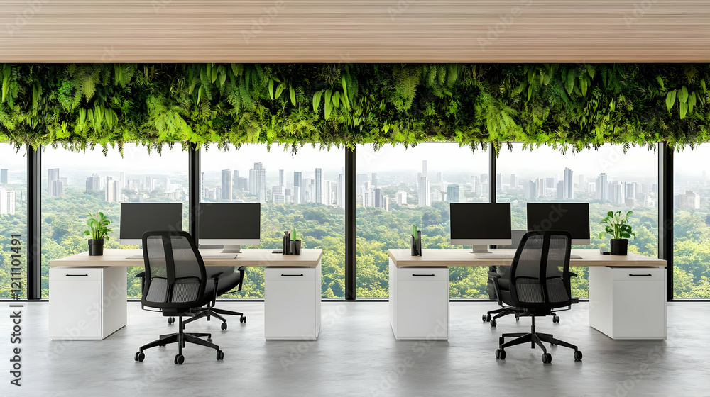 Fototapeta premium Modern Office Interior Design Showcases Lush Greenery and City Views Creates Tranquil Workspace.